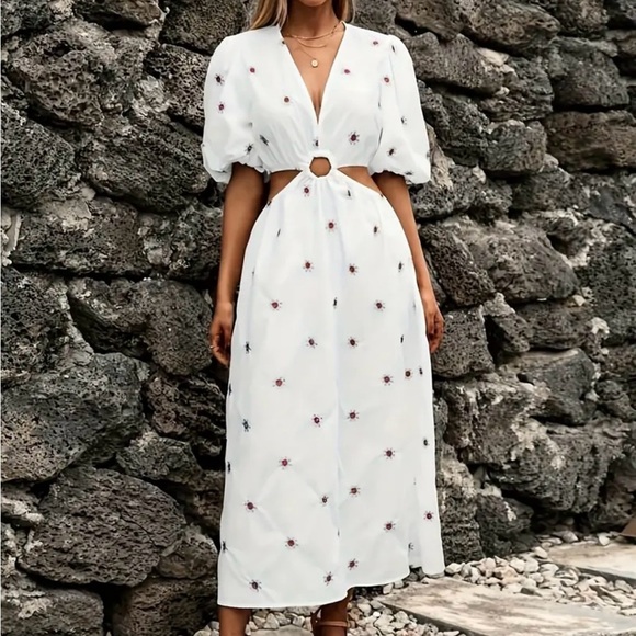 Vibrant White Floral Puff Sleeve Dress - Chic V-Neck & Trendy Cut-Outs Sz S NWT - Picture 6 of 10